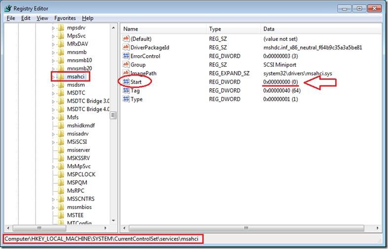 The Registry Editor will have a number of option but what you are looking for is called msahci or StorAHCI